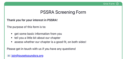 Screenshot of screener form